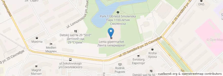 Mapa de ubicacion de Лента гипермаркет en Rusland, Centraal Federaal District, Oblast Smolensk, Смоленский Район, Городской Округ Смоленск.