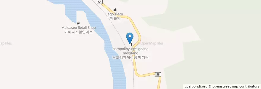Mapa de ubicacion de 남포리휴게식당 메기탕 en Südkorea, Gyeongsangnam-Do, 밀양시.