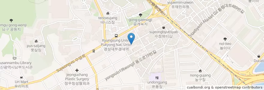 Mapa de ubicacion de 노랑통닭 경성대부경대점 en South Korea, Busan, Nam-Gu.