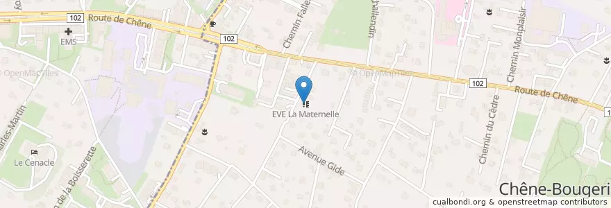 Mapa de ubicacion de EVE La Maternelle en Schweiz/Suisse/Svizzera/Svizra, Genève, Genève, Chêne-Bougeries.