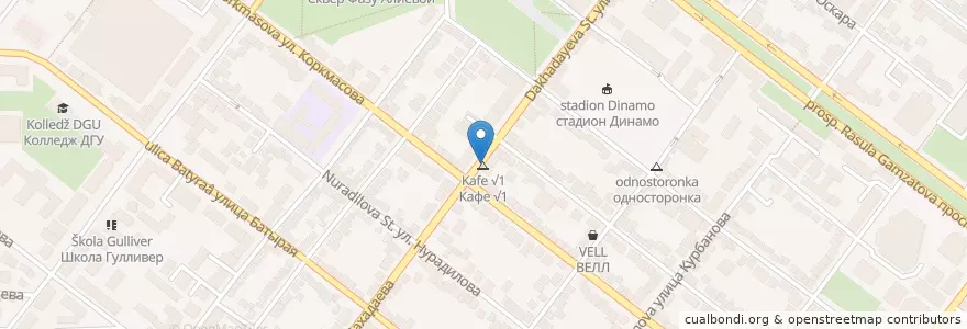 Mapa de ubicacion de Кафе √1 en Russia, Distretto Federale Del Caucaso Settentrionale, Daghestan, Городской Округ Махачкала.