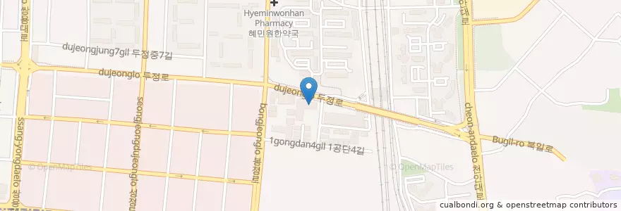 Mapa de ubicacion de 천지인불가마건강사우나 en Güney Kore, 충청남도, 천안시, 서북구, 두정동.