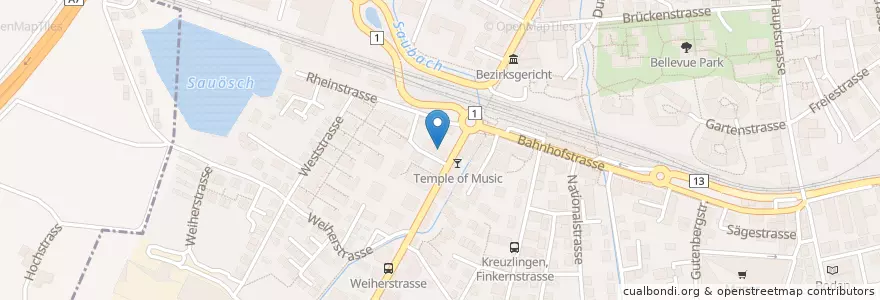 Mapa de ubicacion de Pizza Handwärch en Schweiz/Suisse/Svizzera/Svizra, Thurgau, Bezirk Kreuzlingen, Kreuzlingen.