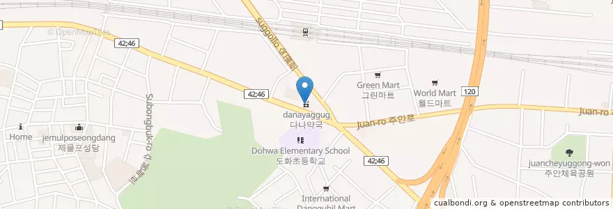 Mapa de ubicacion de 다나약국 en 大韓民国, 仁川広域市, 弥鄒忽区, 도화동.