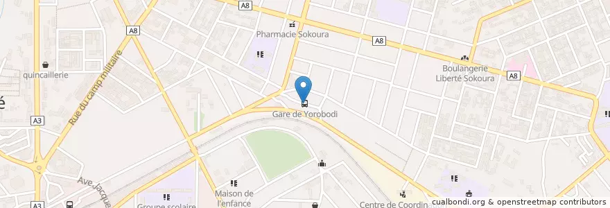 Mapa de ubicacion de Gare de Yorobodi en Costa D'Avorio, Vallée Du Bandama, Gbêkê.