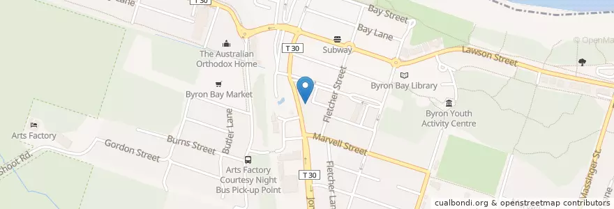 Mapa de ubicacion de Fundies Wholefoods Cafe en Australie, Nouvelle Galles Du Sud, Byron Shire Council.