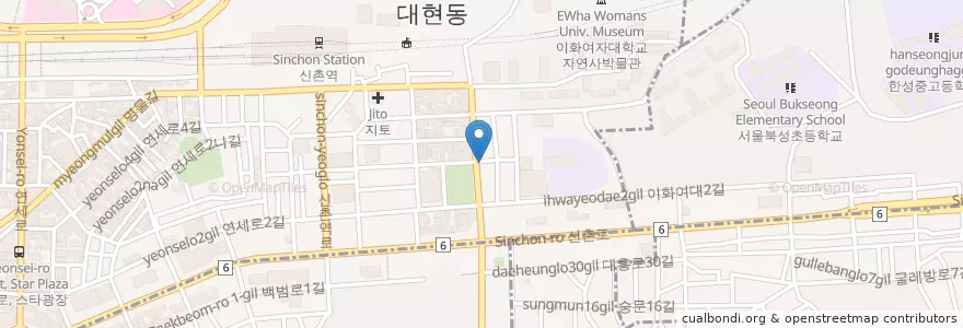 Mapa de ubicacion de 전골떡볶이 en Республика Корея, Сеул, 마포구, 신촌동.