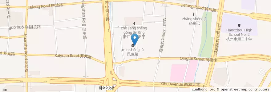 Mapa de ubicacion de 民生路 en 中国, 浙江省, 杭州市, 上城区, 小营街道.
