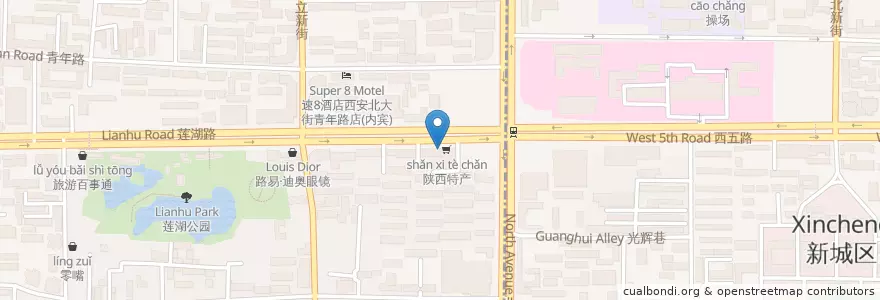 Mapa de ubicacion de 子长煎饼 en China, Shaanxi, 西安市, 莲湖区 (Lianhu).
