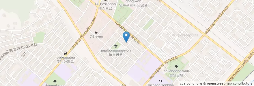 Mapa de ubicacion de 노랑통닭 en 大韓民国, 仁川広域市, 延寿区.