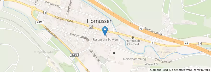 Mapa de ubicacion de Restaurant Schwert en Switzerland, Aargau, Bezirk Laufenburg, Hornussen.