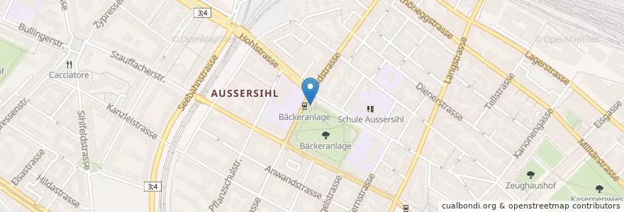 Mapa de ubicacion de Bäckeranlage en Zwitserland, Zürich, Bezirk Zürich, Zürich.