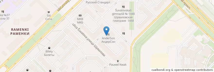 Mapa de ubicacion de Папа Джонс en Russia, Distretto Federale Centrale, Москва, Западный Административный Округ, Район Раменки.
