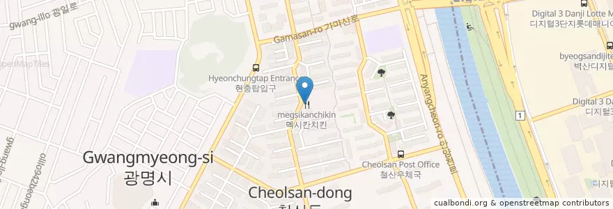 Mapa de ubicacion de 멕시칸치킨 en كوريا الجنوبية, 경기도, 광명시.