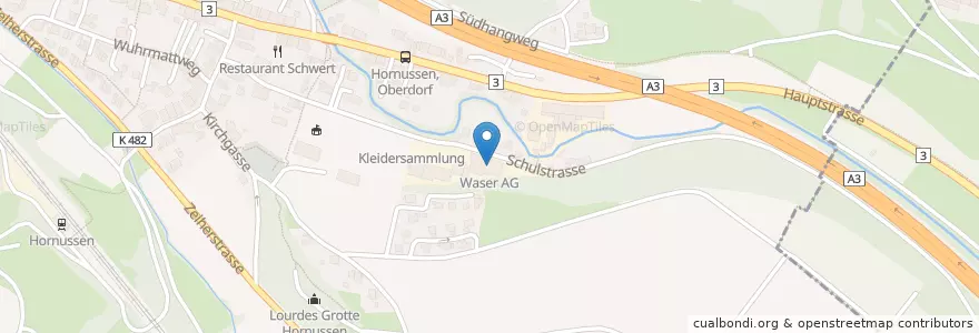 Mapa de ubicacion de Waser AG en Zwitserland, Aargau, Bezirk Laufenburg, Hornussen.