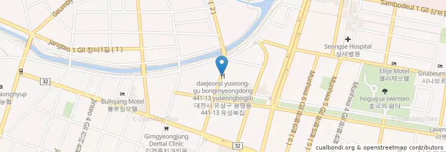 Mapa de ubicacion de 대전시 유성구 봉명동 441-13 유성복집 en Zuid-Korea, Daejeon, 유성구, 온천동.