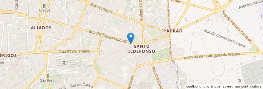 Mapa de ubicacion de Café Santiago en 포르투갈, 노르트 지방, Área Metropolitana Do Porto, 포르투, Porto, Cedofeita, Santo Ildefonso, Sé, Miragaia, São Nicolau E Vitória.