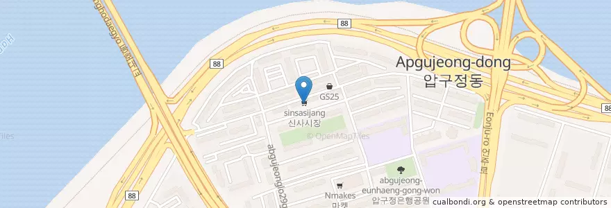 Mapa de ubicacion de 신사시장 en Güney Kore, Seul, 강남구, 압구정동.