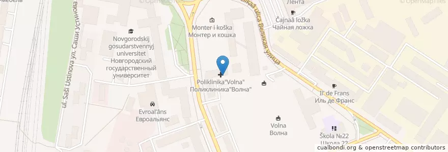 Mapa de ubicacion de Поликлиника"Волна" en Russia, Northwestern Federal District, Novgorod Oblast, Novgorodsky District, Veliky Novgorod.