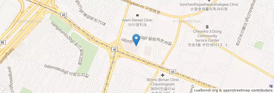 Mapa de ubicacion de 유일의원피부과 en 大韓民国, ソウル, 江東区, 천호동, 천호2동.