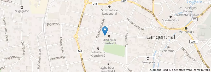 Mapa de ubicacion de Eurokey WC Schulhaus Kreuzfeld en Schweiz/Suisse/Svizzera/Svizra, Bern/Berne, Verwaltungsregion Emmental-Oberaargau, Verwaltungskreis Oberaargau, Langenthal.