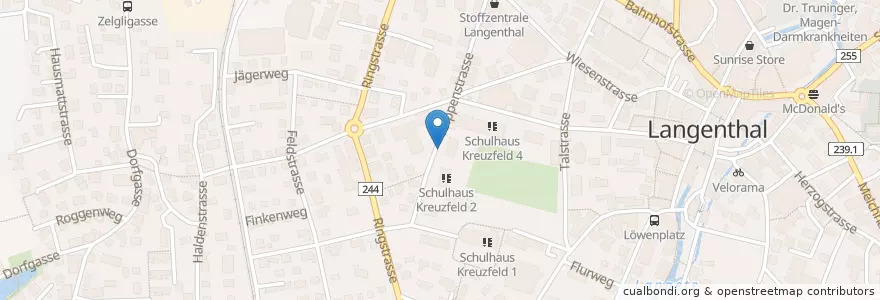 Mapa de ubicacion de Parkplatz Schulhaus Kreuzfeld en Schweiz/Suisse/Svizzera/Svizra, Bern/Berne, Verwaltungsregion Emmental-Oberaargau, Verwaltungskreis Oberaargau, Langenthal.