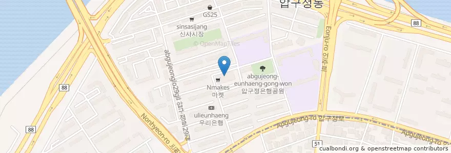 Mapa de ubicacion de 우리은행 압구정현대지점 en كوريا الجنوبية, سول, 강남구, 압구정동.