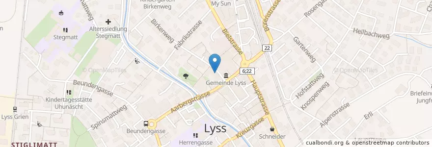 Mapa de ubicacion de Billard - Bar Lyss en Швейцария, Берн, Verwaltungsregion Seeland, Verwaltungskreis Seeland, Lyss.