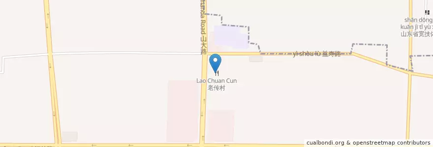 Mapa de ubicacion de 老传村 en 中国, 山东省, 济南市, 历下区, 建筑新村街道.