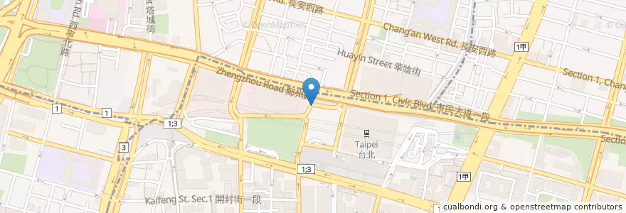 Mapa de ubicacion de 地下機捷-火車站免費接駁車 en Taiwan, New Taipei, Taipei, Zhongzheng District.