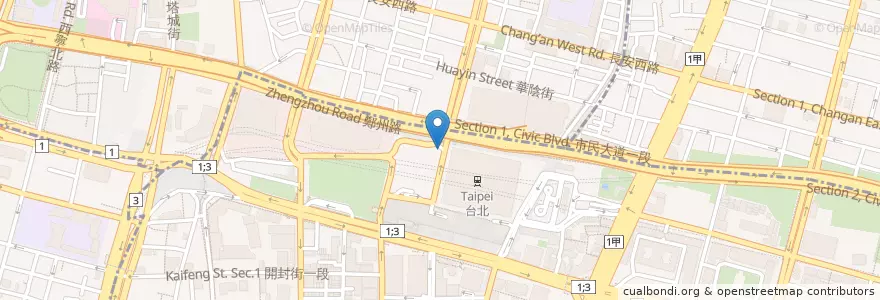 Mapa de ubicacion de 地下機捷-火車站免費接駁車 en تايوان, تايبيه الجديدة, تايبيه, 中正區.