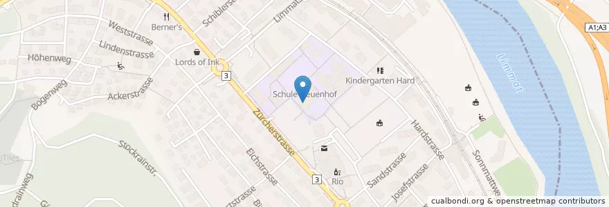 Mapa de ubicacion de Zentrum 7 en Schweiz/Suisse/Svizzera/Svizra, Aargau, Bezirk Baden, Wettingen, Neuenhof.