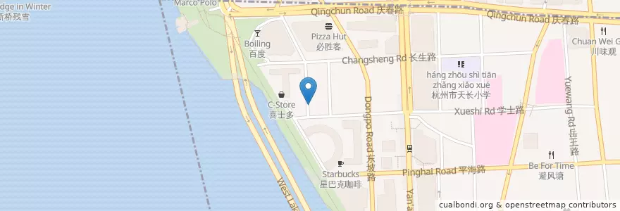 Mapa de ubicacion de 天天旺酒楼 en 中国, 浙江省, 杭州市, 上城区, 湖滨街道.