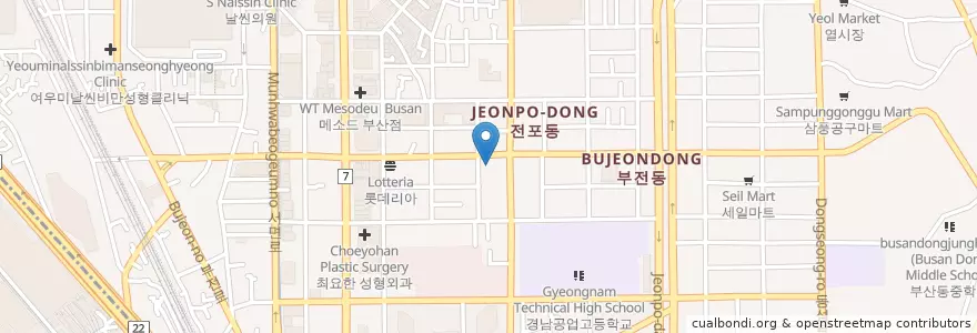 Mapa de ubicacion de 투썸플레이스 서면중앙점 en 大韓民国, 釜山, 釜山鎮区, 釜田洞.