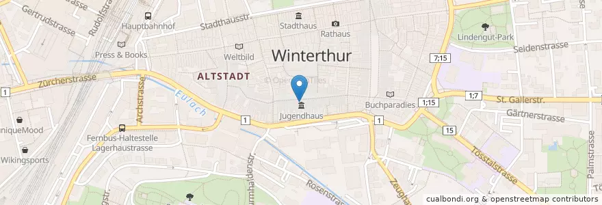 Mapa de ubicacion de Jugendhaus en Suiza, Zúrich, Bezirk Winterthur, Winterthur.