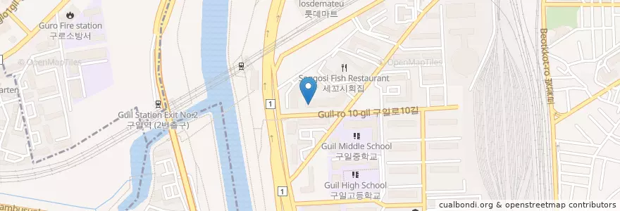 Mapa de ubicacion de 호치킨 en Güney Kore, Seul, 구로구, 구로2동, 구로1동.
