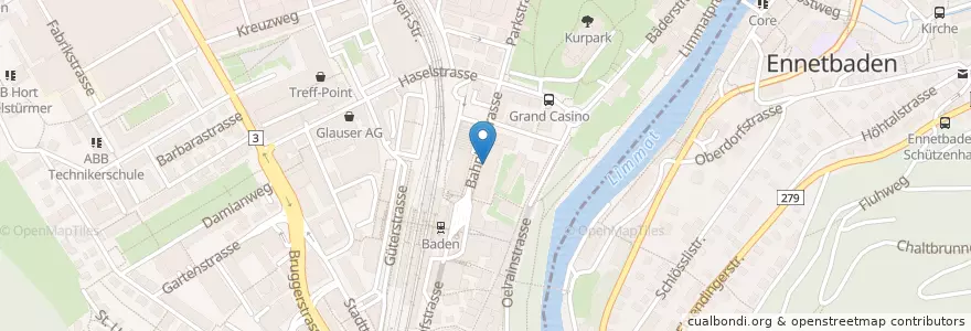 Mapa de ubicacion de Migros Restaurant en Schweiz/Suisse/Svizzera/Svizra, Aargau, Bezirk Baden, Baden.