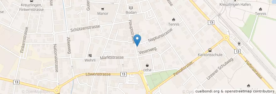 Mapa de ubicacion de Raiffeisenbank Tägerwilen en スイス, Thurgau, Bezirk Kreuzlingen, Kreuzlingen.