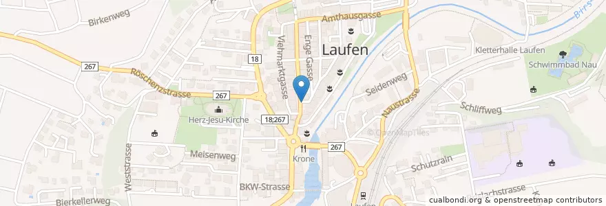 Mapa de ubicacion de Bauernmarkt Laufen en Zwitserland, Bazel-Land, Bezirk Laufen, Laufen.