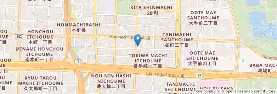 Mapa de ubicacion de 日本基督教団 大阪東教会 en Japan, 大阪府, Osaka, 中央区.
