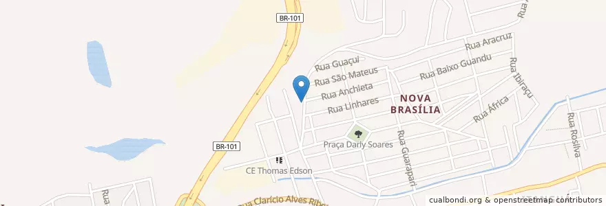 Mapa de ubicacion de Igreja Batista Central em Nova Brasília en Бразилия, Юго-Восточный Регион, Эспириту-Санту, Região Geográfica Intermediária De Vitória, Região Metropolitana Da Grande Vitória, Microrregião Vitória, Кариасика.