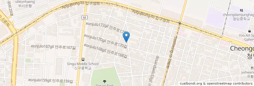 Mapa de ubicacion de 우돈청 en 대한민국, 서울, 강남구, 신사동, 압구정동.