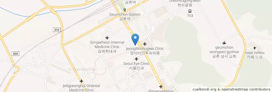 Mapa de ubicacion de 한걸음내과 en 대한민국, 경기도, 파주시, 금촌1동.