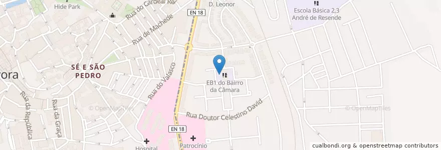 Mapa de ubicacion de Escola Básica do 1º ciclo do Bairro da Câmara en ポルトガル, Alentejo, Alentejo Central, Évora, Évora, Bacelo E Senhora Da Saúde.