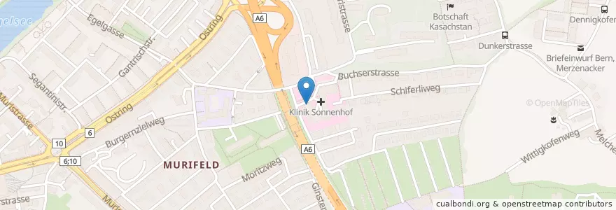 Mapa de ubicacion de Briefeinwurf Bern, Klinik Sonnenhof en Suiza, Berna, Verwaltungsregion Bern-Mittelland, Verwaltungskreis Bern-Mittelland, Bern.