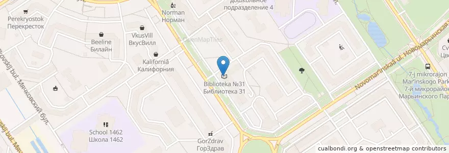 Mapa de ubicacion de Библиотека №31 en 러시아, Центральный Федеральный Округ, Москва, Юго-Восточный Административный Округ, Район Марьино.