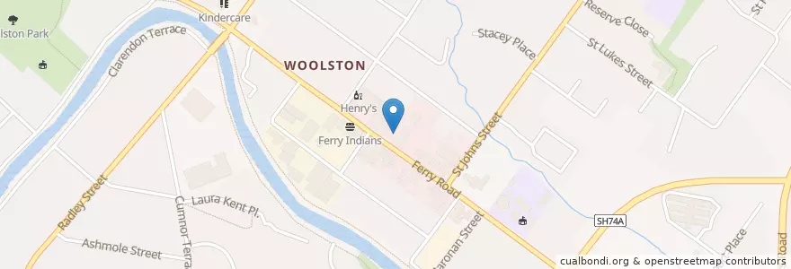 Mapa de ubicacion de Woolston Community Library en New Zealand, Canterbury, Christchurch City, Linwood-Central-Heathcote Community.