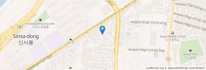 Mapa de ubicacion de 조앤신성형외과 en كوريا الجنوبية, سول, 강남구, 신사동, 압구정동.