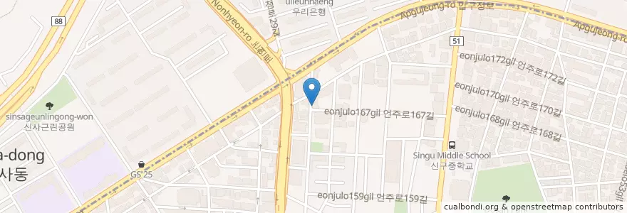 Mapa de ubicacion de 안동국시 en South Korea, Seoul, Gangnam-Gu, Sinsa-Dong, Apgujeong-Dong.
