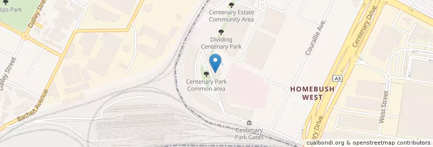Mapa de ubicacion de Centenary Park Cafe TBC en オーストラリア, ニューサウスウェールズ, Strathfield Municipal Council, Sydney, Cumberland City Council.